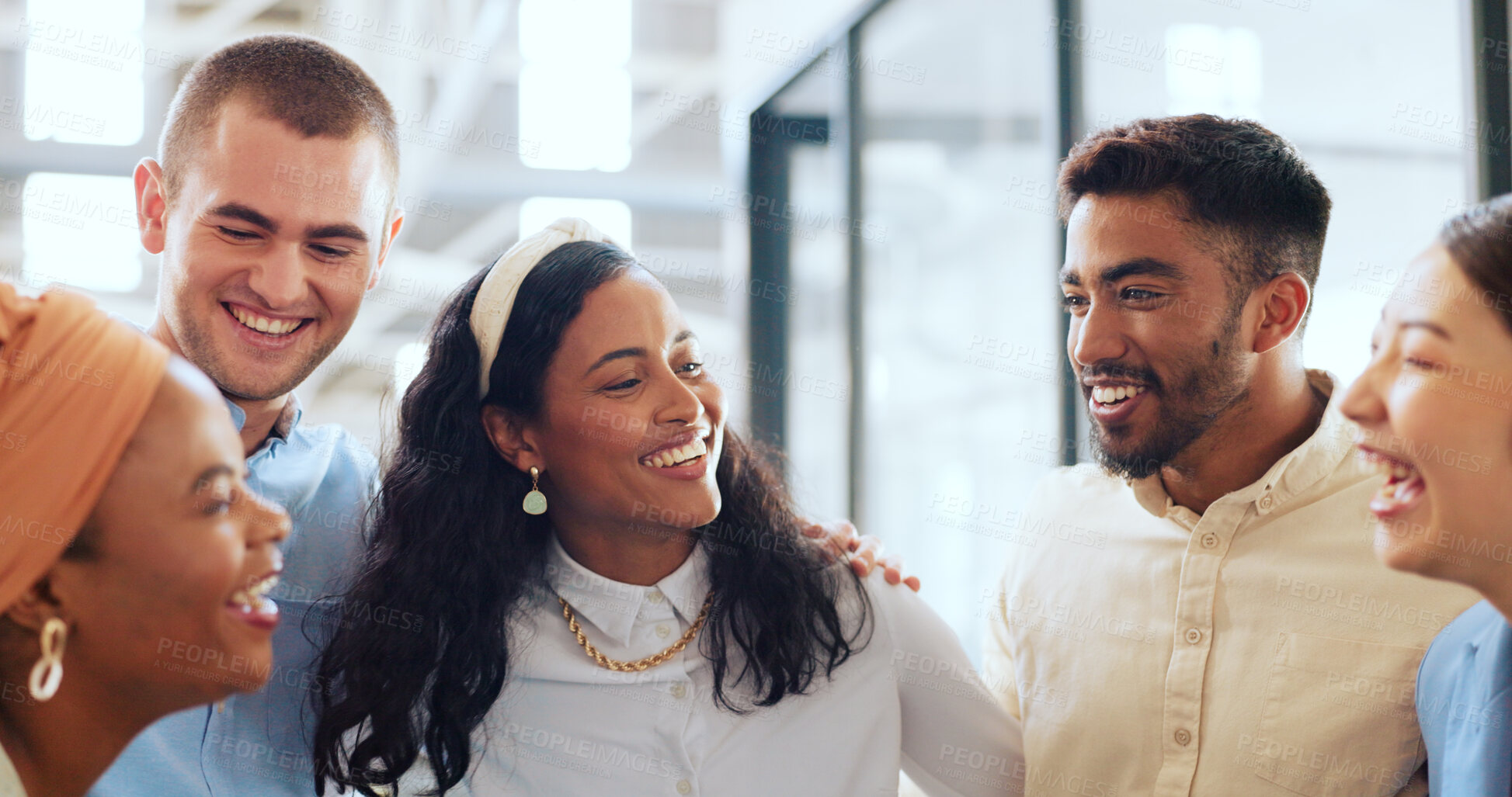 Buy stock photo Diversity, team and black woman hug at office party event, hug and startup success or job promotion. Laughing, group and business staff with excited friends and happy from celebration and teamwork