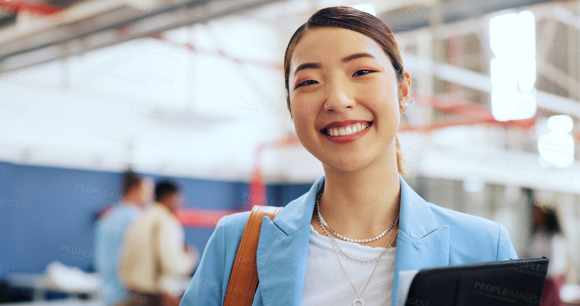 Buy stock photo Smile, tablet and portrait of Asian woman in office with success, leadership and confidence. Management, digital technology and face of female boss at startup creative design company workplace.