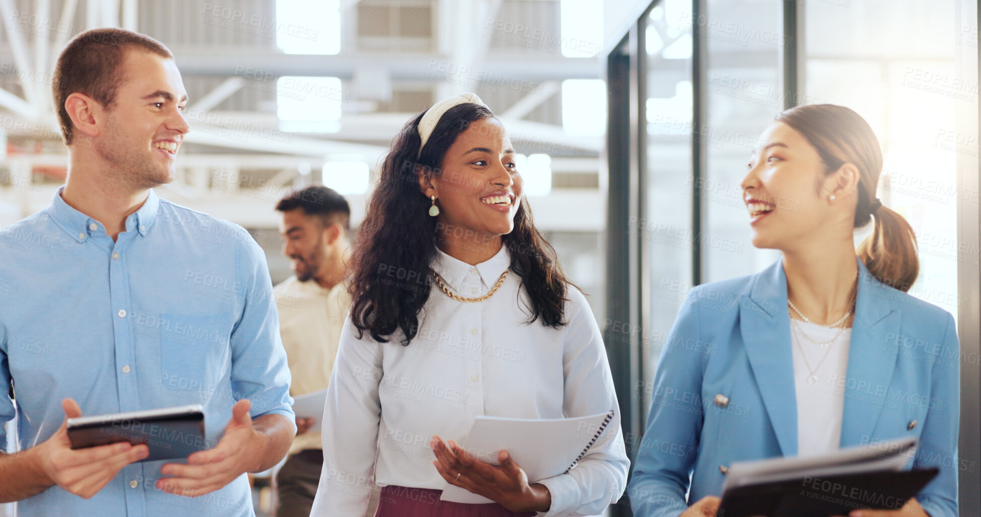 Buy stock photo Conversation, diversity and group of business people, walking in office together with tablet or documents. Teamwork, collaboration and man and women planning, brainstorming ideas or casual discussion