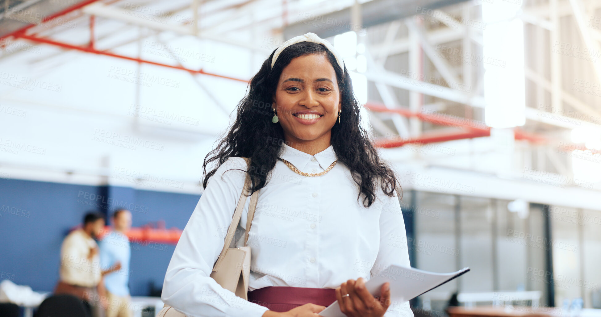 Buy stock photo Happy, document and portrait of woman in office with smile, leadership and confidence. Management, paperwork and young female designer from Colombia at startup creative design company workplace.