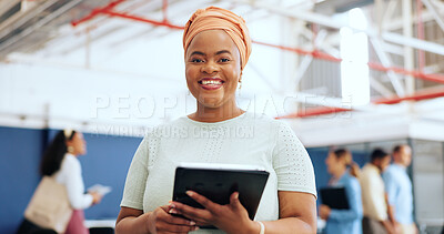 Manager, tablet and portrait of black woman in startup office with smile, leadership and confidence. Management, digital marketing and woman boss at trendy creative design company with happy face.