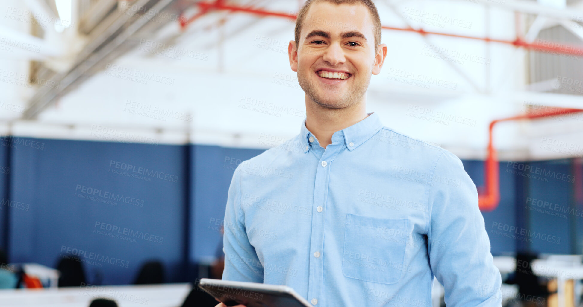 Buy stock photo Manager, tablet and portrait of man in office with smile, leadership and confidence. Management, digital technology and young male boss from Australia at startup creative design company workplace.