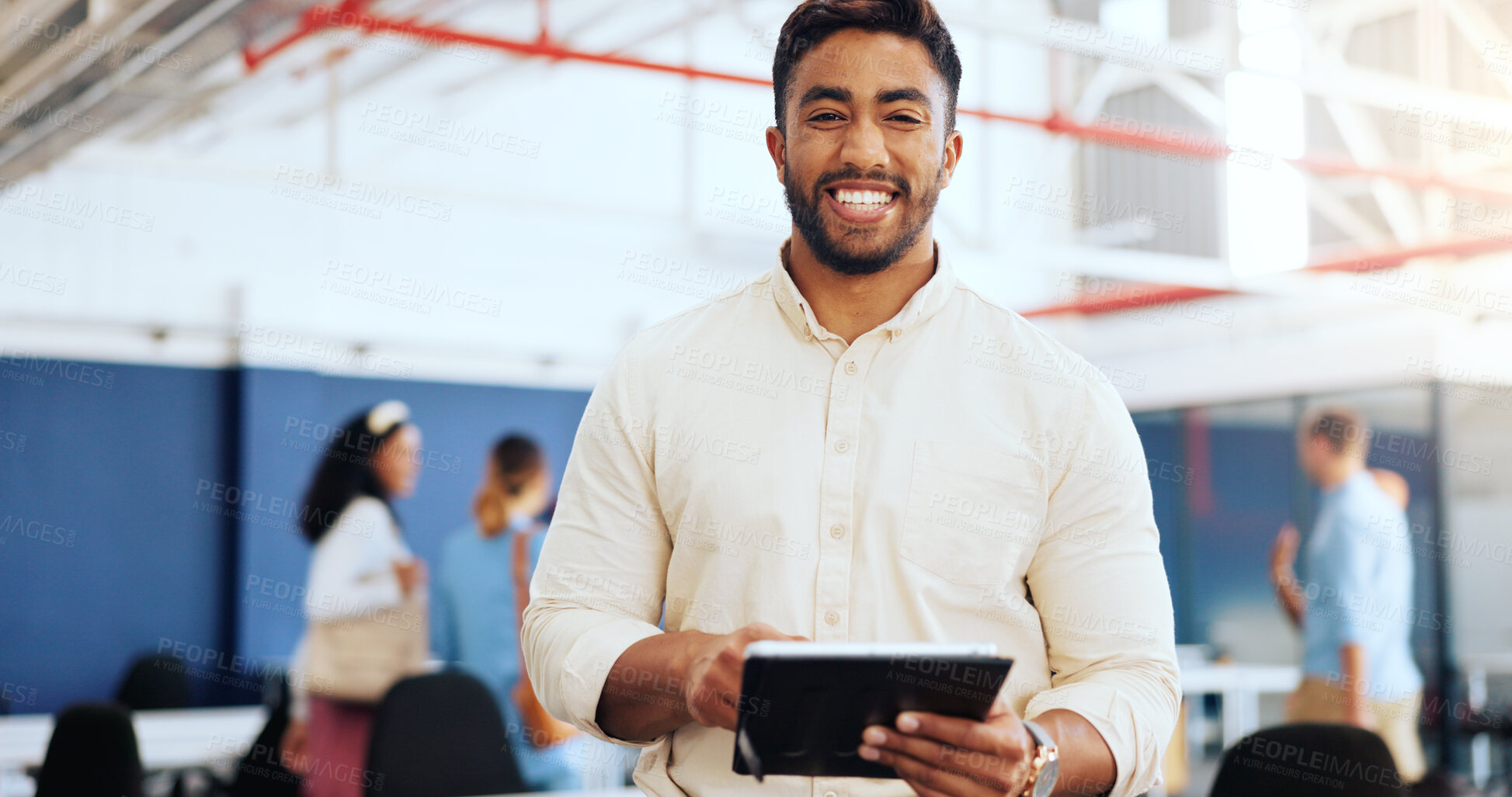 Buy stock photo Portrait, business and man with a tablet, smile or connection with research, project planning or digital app. Face, person or employee with technology, search internet or consultant with website info