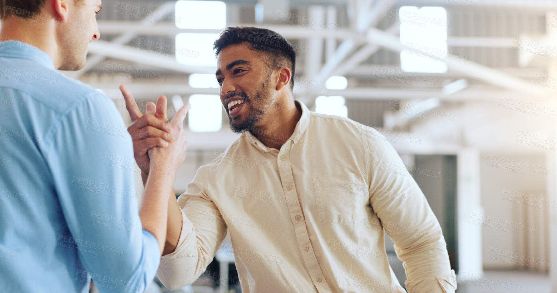 Buy stock photo Handshake, greeting and business men at work with a welcome, thank you or communication. Happy, meeting and corporate employees with hand gesture for a hello, agreement and coworking in an office