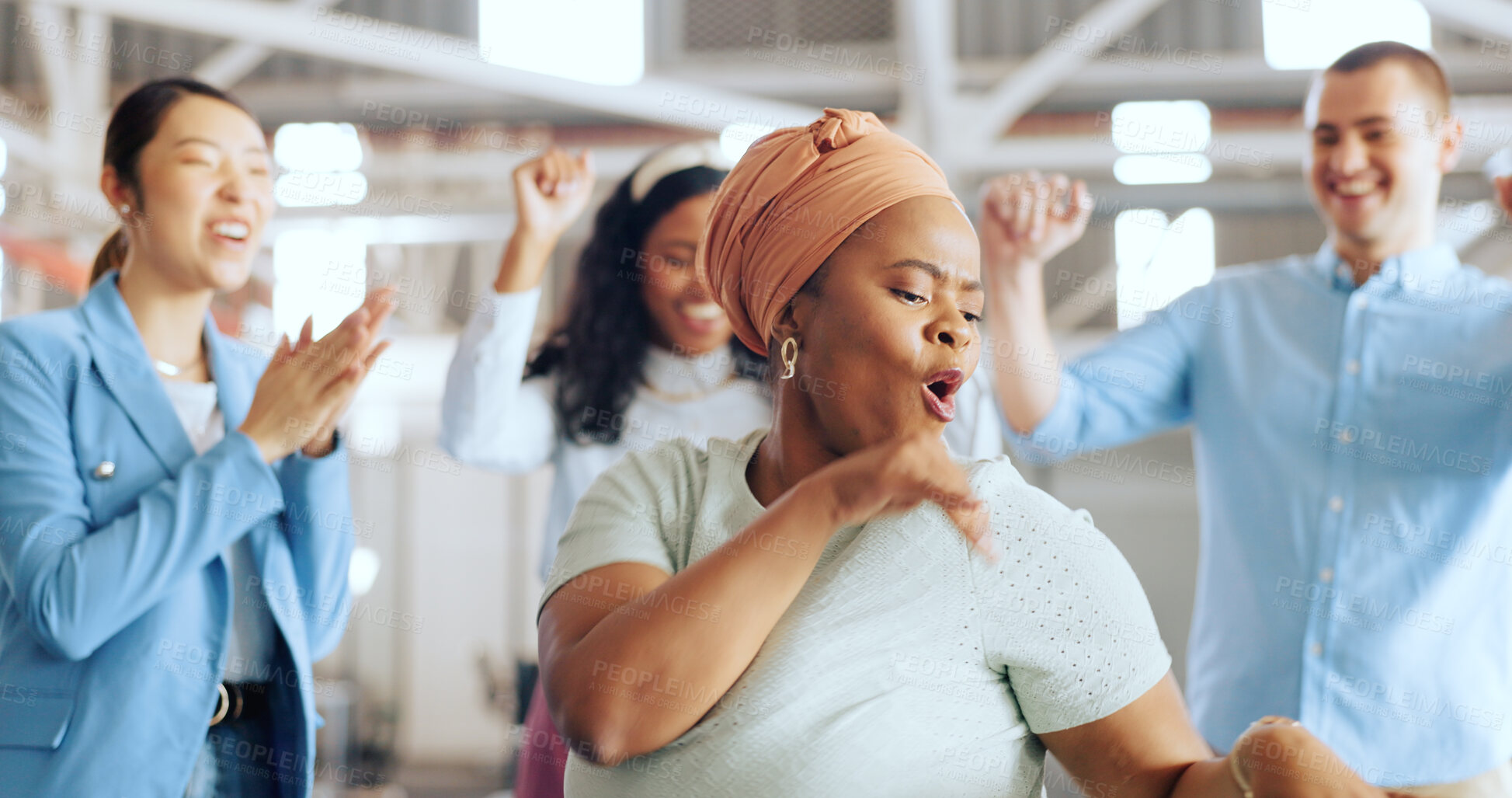 Buy stock photo Business people, dancing and celebration in success, teamwork or achievement together at office. Group of happy employees in team building, promotion or motivation in event for bonus at workplace