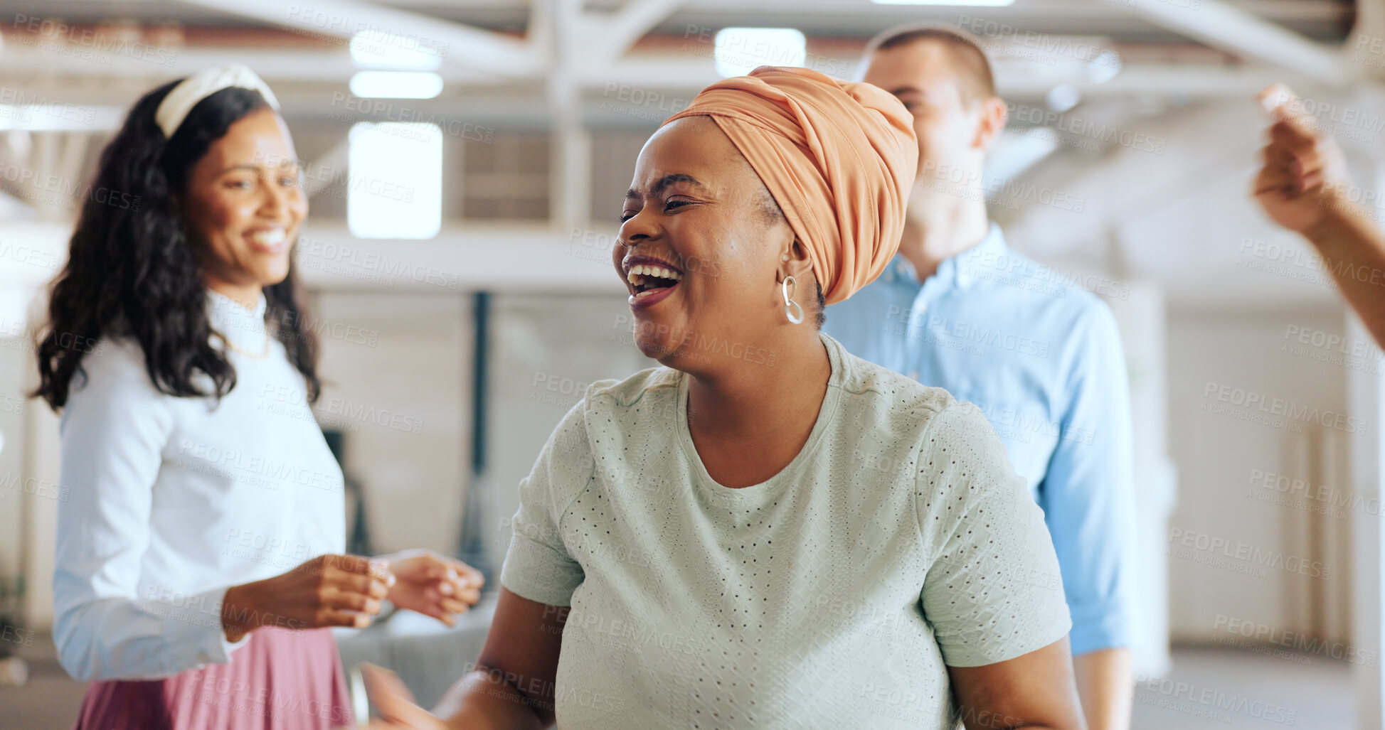 Buy stock photo Diversity, team and black woman dance at office party event, celebrate startup success or job promotion. Laughing, group and business staff with excited friends and happy from celebration and music