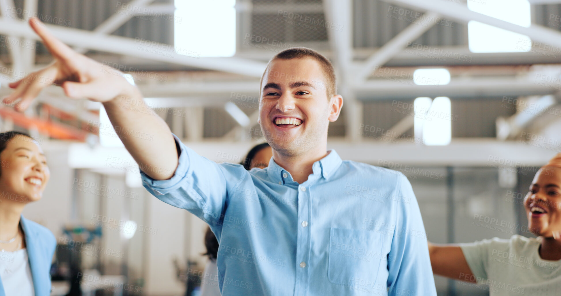 Buy stock photo Success, business man and people dancing to celebrate achievement together with support and fun. Team building, happy dancer and diversity employees excited about win, bonus or goals at office