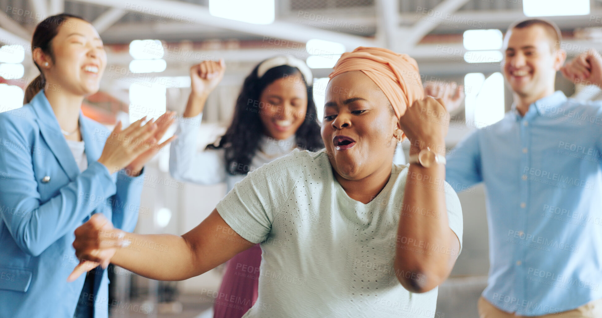 Buy stock photo Diversity, team and black woman dancing at office party event and celebrate startup success or promotion. Laughing, group and business staff with excited friends and happy from celebration and music