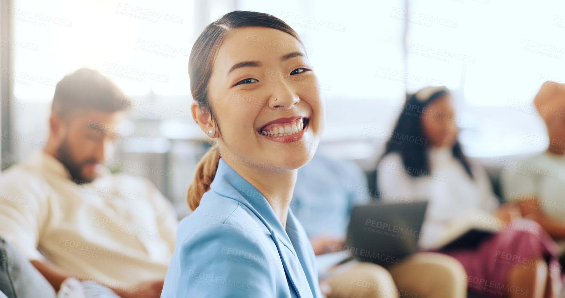 Buy stock photo Workshop, meeting and portrait of Asian woman with smile, collaboration and motivation in training in modern office. Support at conference, team building and happy businesswoman onboarding at startup