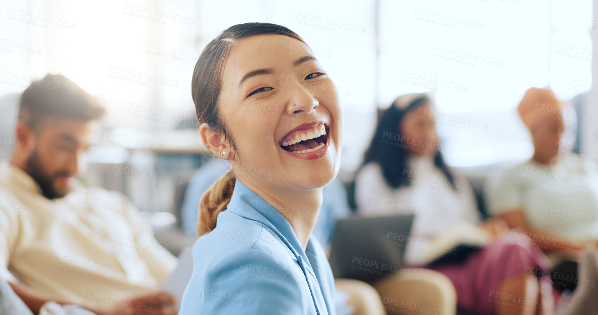 Buy stock photo Workshop, meeting and portrait of Asian woman laughing in modern office for motivation or fun training. Support at conference, funny team building and happy businesswoman onboarding at startup agency