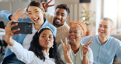 Buy stock photo Selfie, happy and group of business people with peace for support, team building and funny emoji. Diversity, employees and friends with v sign for digital profile picture about us on social media 
