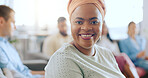 Business, black woman portrait and creative worker in a meeting with a smile about work. Office, growth and happy woman web design employee ready for team strategy and business meeting success