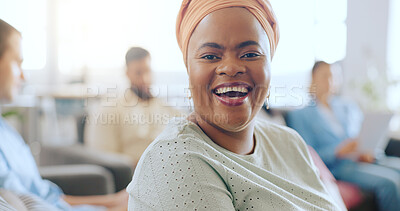 Black woman, happy portrait and workplace meeting with team, employees and staff in office for workshop, management or startup success. Smile, motivation and laughing female worker excited for growth
