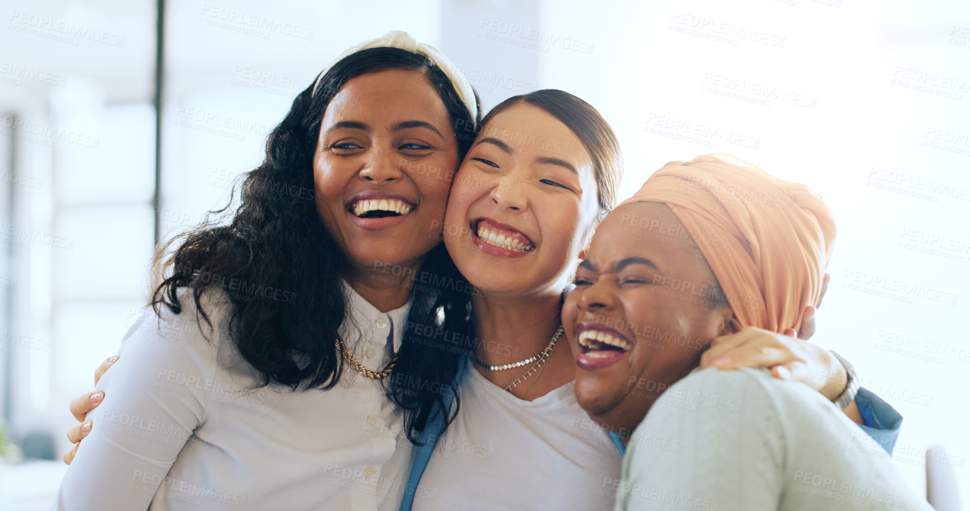 Buy stock photo Happy, women and hug with team diversity, celebration and success in solidarity, collaboration or community in workplace. Business people, friends and smile in International company meeting or group