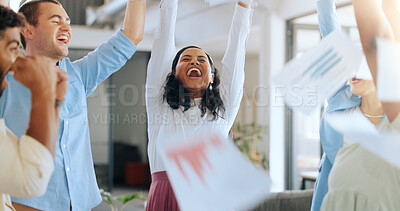 Buy stock photo Excited business people throw paper for success, celebration and winning deal in office. Happy teamwork, diversity and achievement with documents in air, bonus and pride for collaboration together