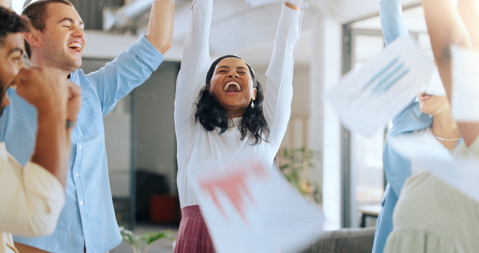 Buy stock photo Excited business people throw paper for success, celebration and winning deal in office. Happy teamwork, diversity and achievement with documents in air, bonus and pride for collaboration together