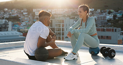 Fitness, couple and fist bump for sports exercise, workout or training together in the city outdoors. Happy woman and man in social conversation, communication or talking after cardio exercising