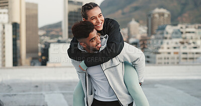 Fitness, couple piggyback, romance or sports exercise together in the city outdoors. Happy man and woman relax, hug or love for sport training, workout and healthy relationship