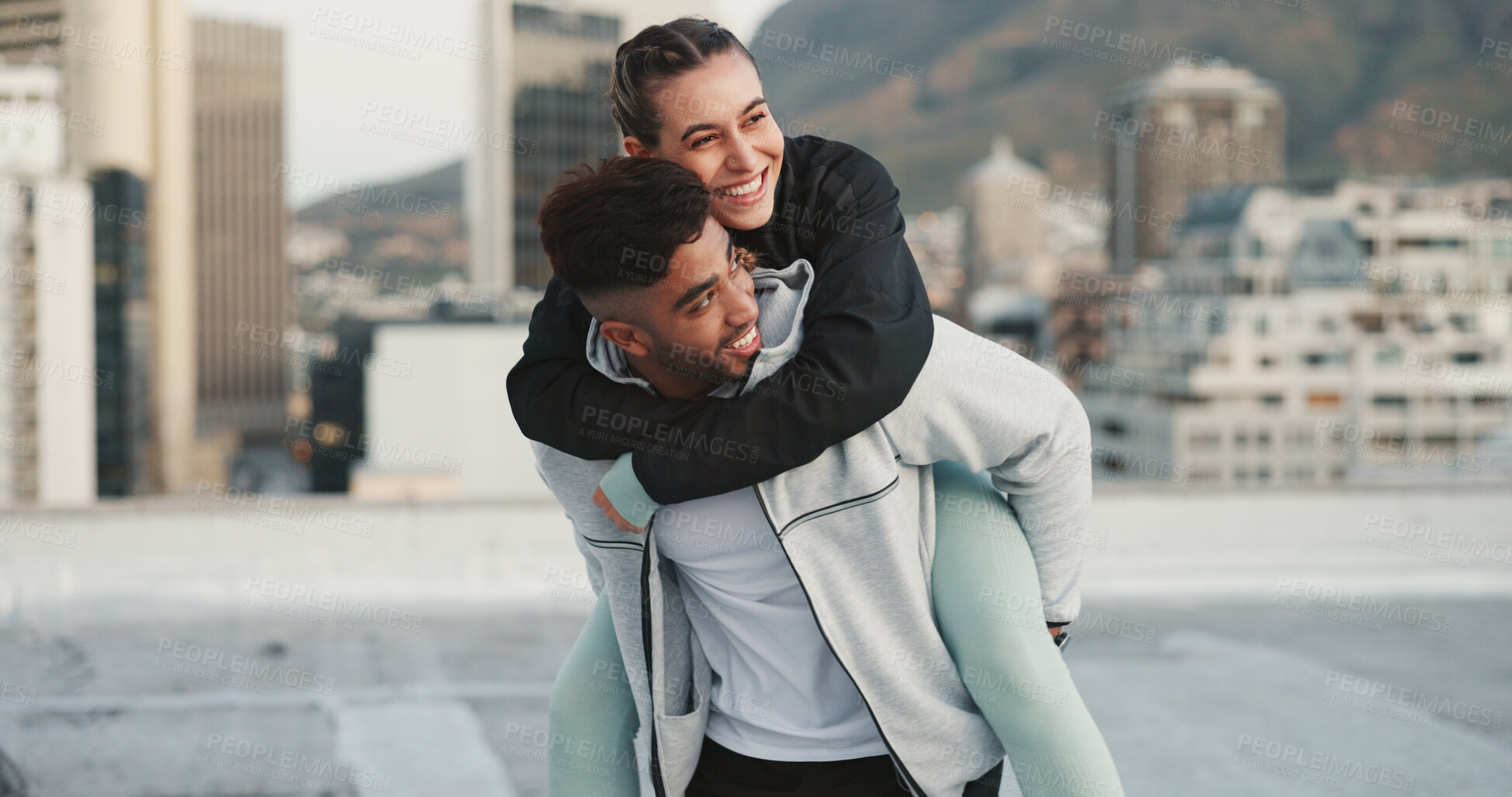 Buy stock photo Fitness, piggyback and couple in a city with love, hug and bind in training or cardio routine. Sports, love and man with woman outdoor for workout, challenge or exercise, happy and embrace in town