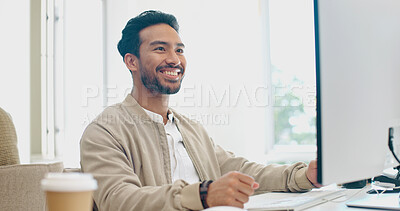 Buy stock photo Happy man in office, smile and reading on computer for email feedback, review or article summary. Website, market research report and asian employee with online survey or analysis for web business