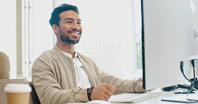 Buy stock photo Man in office, happy and reading on computer for email feedback, review or article summary. Website, market research report and media employee with online survey or analysis for web business bonus.