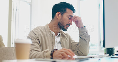 Buy stock photo Business man, headache and stress on computer for stock market crash, financial mistake or startup fail in office. Sad worker or trader with depression, pain or tired for trading, error or job crisis
