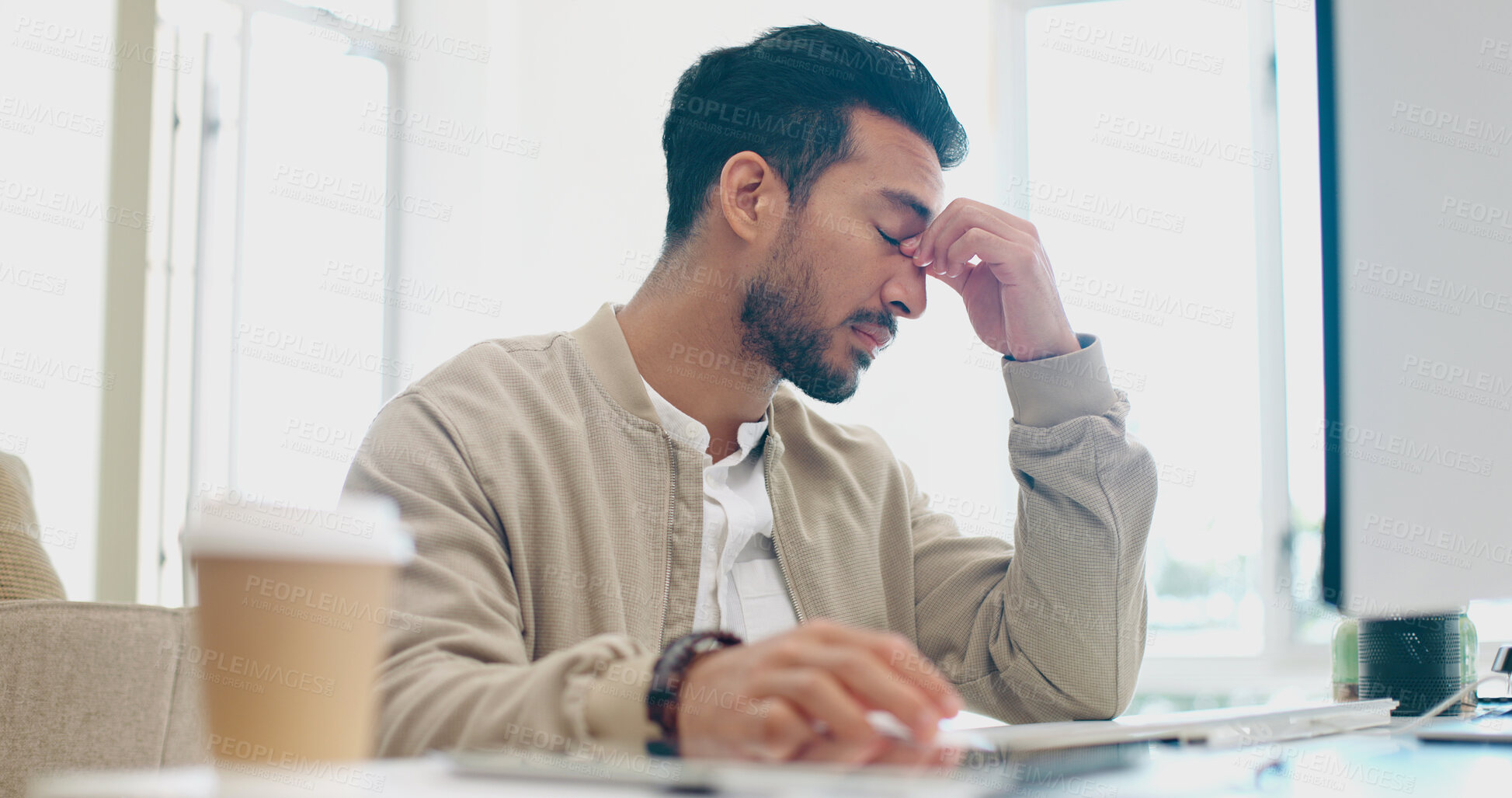 Buy stock photo Business man, headache and stress on computer for stock market crash, financial mistake or startup fail in office. Sad worker or trader with depression, pain or tired for trading, error or job crisis