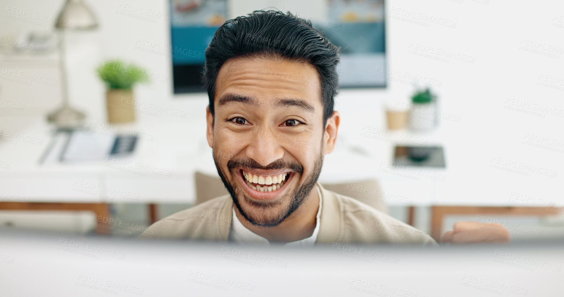 Buy stock photo Man, office and excited smile by computer for win, news and reading for promotion, profit or bonus on web. Entrepreneur, trader and happy winner with pc for prize, giveaway or goal on stock market