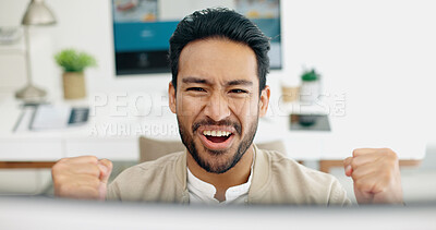 Happy businessman, success or fist on computer with wow or yes face expression in creative startup deal, goals or target. Smile, excited or winner worker with hands gesture on office technology sale