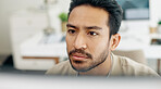 Asian man, face thinking and idea with computer, planning and brainstorming for success in programming. Tech startup worker, executive focus and solution with innovation by desktop pc in workplace