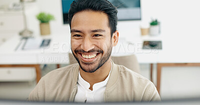 Happy businessman, success or fist on computer with wow or yes face expression in creative startup deal, goals or target. Smile, excited or winner worker with hands gesture on office technology sale