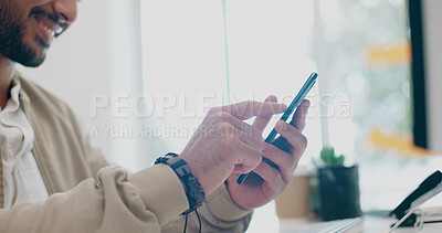Buy stock photo Happy man, phone at desk and scroll on website, email or social media post for business networking. Hands typing, good news and businessman on mobile app on smartphone, chat online and smile at desk.