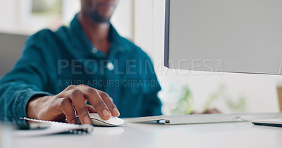 Buy stock photo Business, mouse and hands of person on computer working on feedback, website review and social media. Creative agency, office and closeup of worker for typing email, data analytics or research report