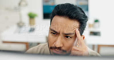 Buy stock photo Stress, headache and angry business man in office with bad email feedback, review or problem. Anxiety, face and guy manager frustrated by glitch, 404 or schedule disaster, mistake or tax audit crisis