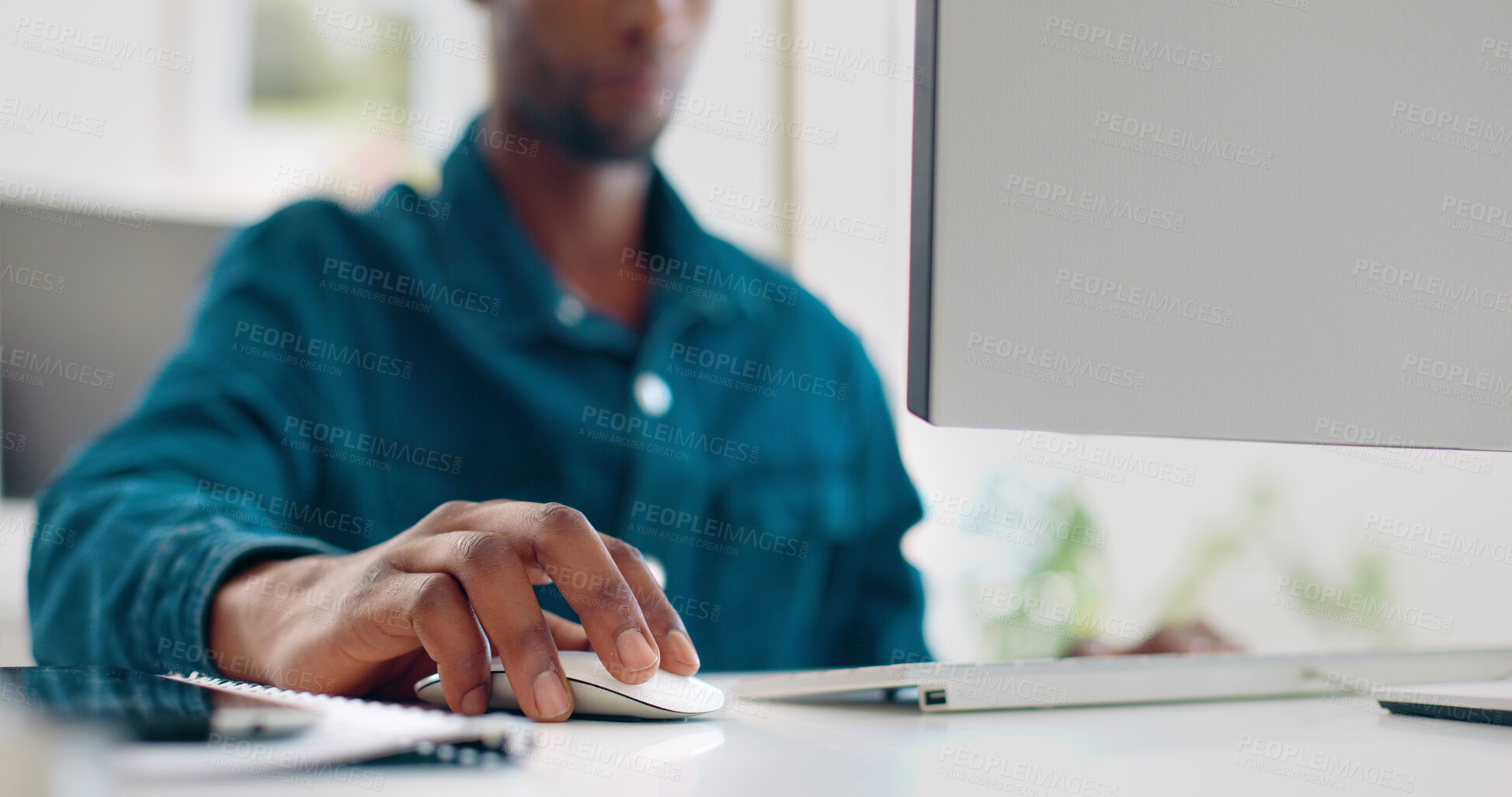 Buy stock photo Desktop, mouse and hands of person on computer working on feedback, website review and social media. Creative agency, office and closeup of worker for typing email, data analytics and research report