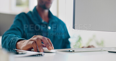 Buy stock photo Office computer, mouse, and man hands working on feedback review of social media ecommerce. Website analytics, research report and media analyst doing online survey and analysis for digital company