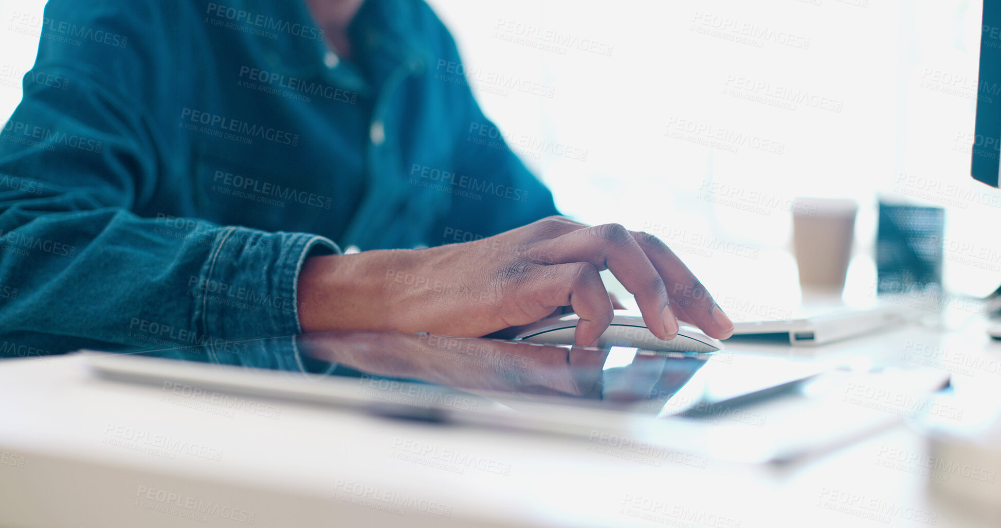 Buy stock photo Business, mouse and hands of person on computer working on feedback, website review and social media. Creative agency, office and closeup of worker for planning, analytics and research report