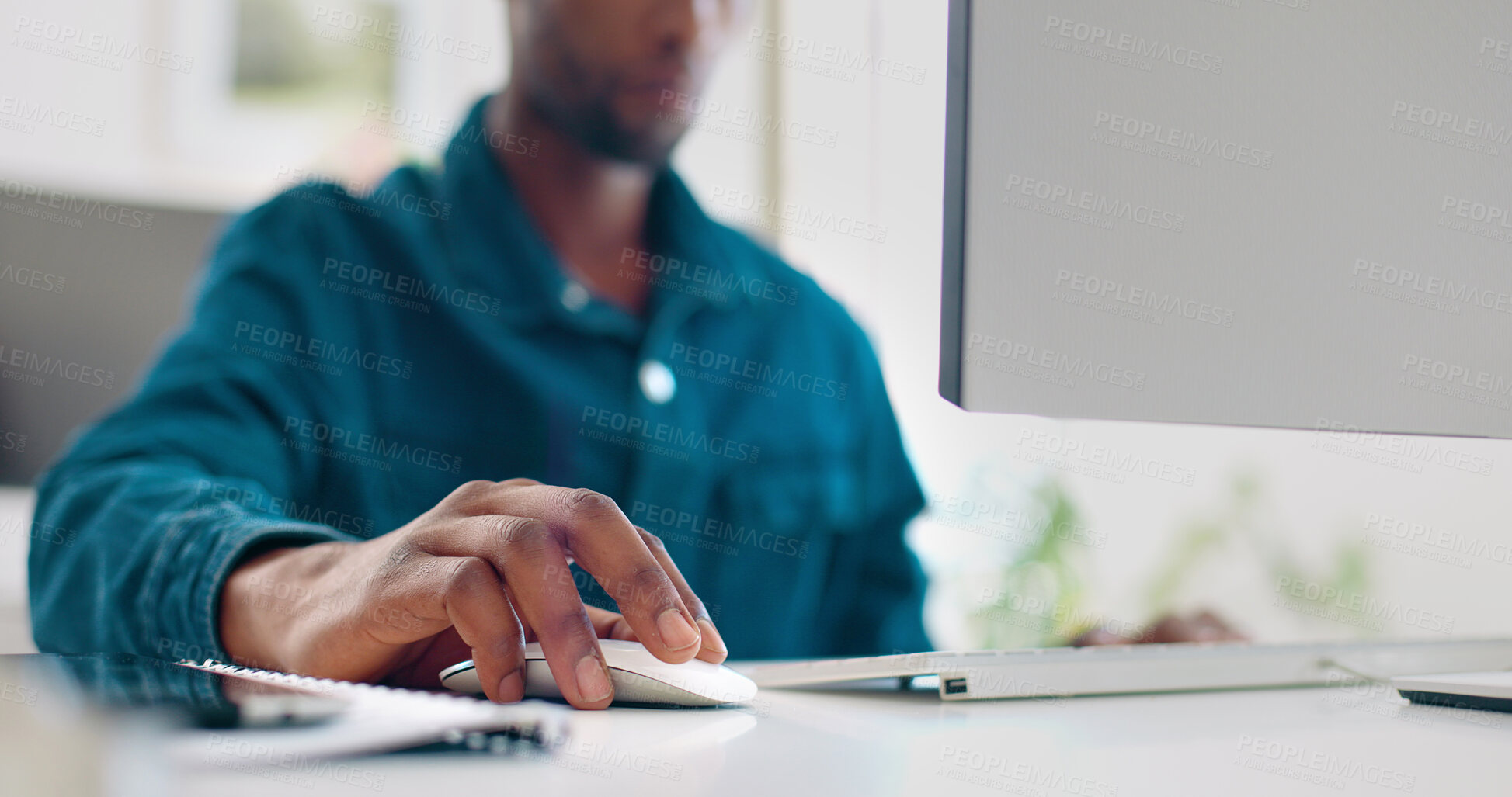 Buy stock photo Office, mouse and hands of person on computer working on feedback, website review and social media. Creative agency, technology and closeup of worker for website, data analytics and research report