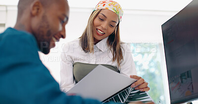 Buy stock photo Collaboration, meeting and planning with a business team working on a project in the office using documents. Teamwork, strategy and smile with a black man and woman employee at work desk together