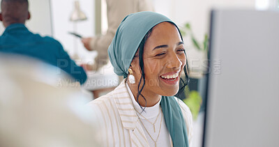 Video call, computer and laughing Islamic woman talking, speaking and chat to online business contact. Communication, funny conversation and Muslim employee discussion, networking and laugh at joke
