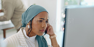 Buy stock photo Working, thinking and Muslim woman in office on computer of problem solving, website review and internet. Creative agency, company and worker brainstorming for analytics, research report and planning