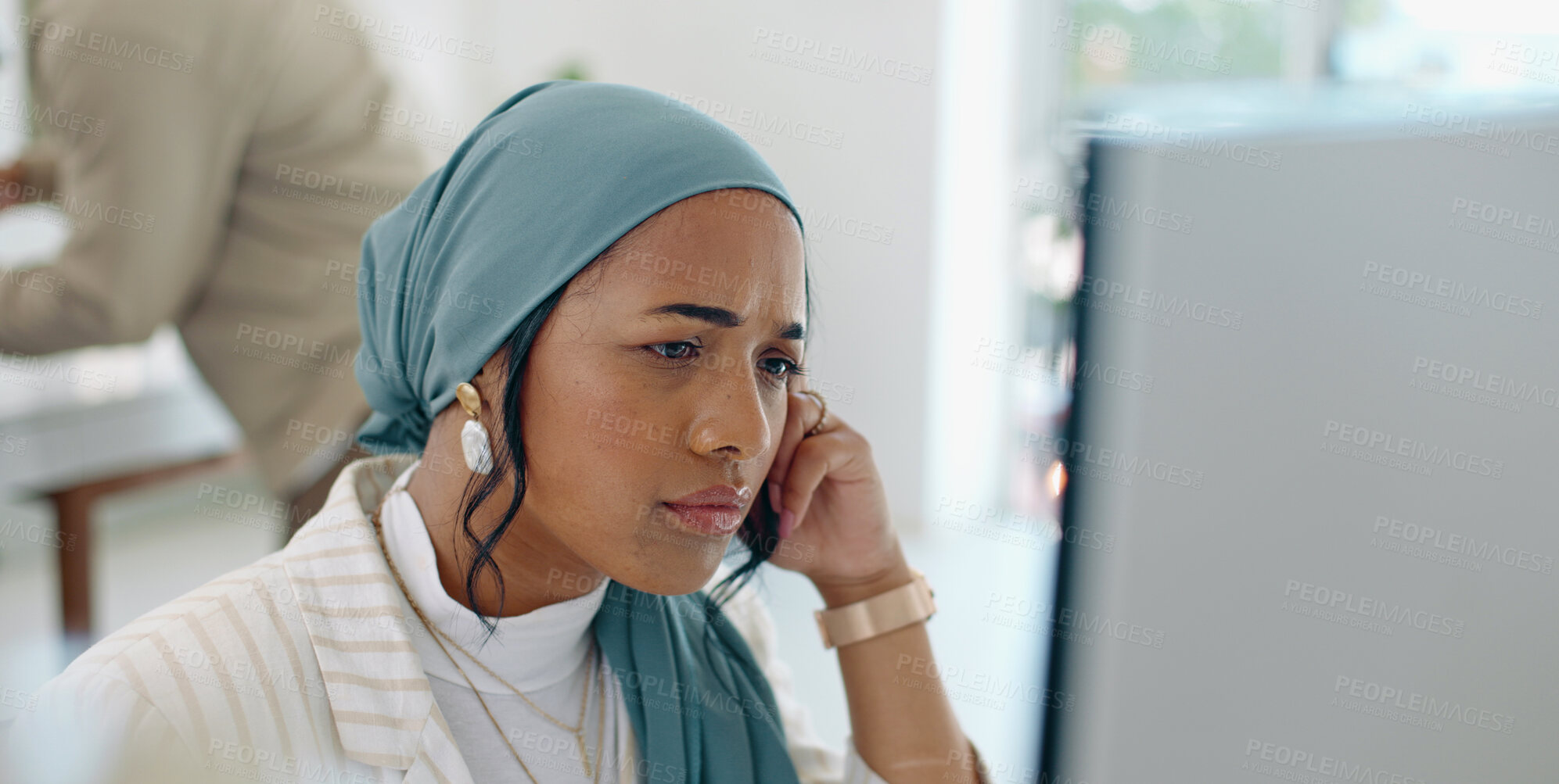 Buy stock photo Working, thinking and Muslim woman in office on computer of problem solving, website review and internet. Creative agency, company and worker brainstorming for analytics, research report and planning