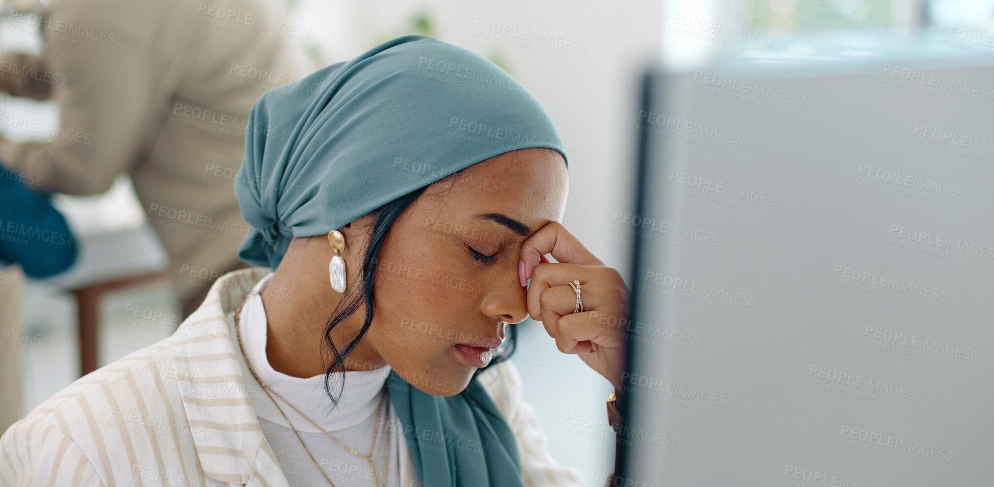 Buy stock photo Business, headache and muslim woman in office with stress, feedback and review or problem. Anxiety, face and female manager frustrated by glitch, 404 or schedule disaster, mistake or tax audit crisis