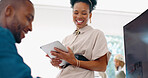 Black woman, business and laughing with man in office, agency and startup company. Happy workers, employees and team smile for funny joke, happiness and motivation of collaboration for web technology