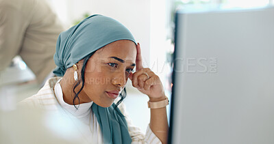 Buy stock photo Stress, headache and muslim business woman in office with feedback, review or problem. Anxiety, face and female manager frustrated by glitch, 404 or schedule disaster, mistake or tax audit crisis

