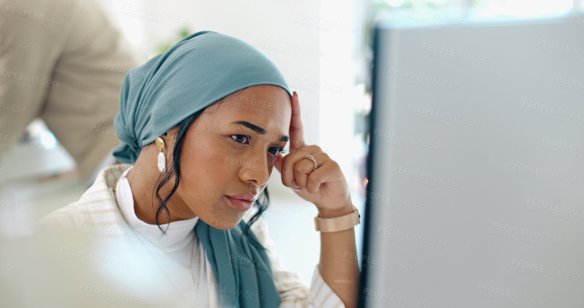 Buy stock photo Stress, headache and muslim business woman in office with feedback, review or problem. Anxiety, face and female manager frustrated by glitch, 404 or schedule disaster, mistake or tax audit crisis

