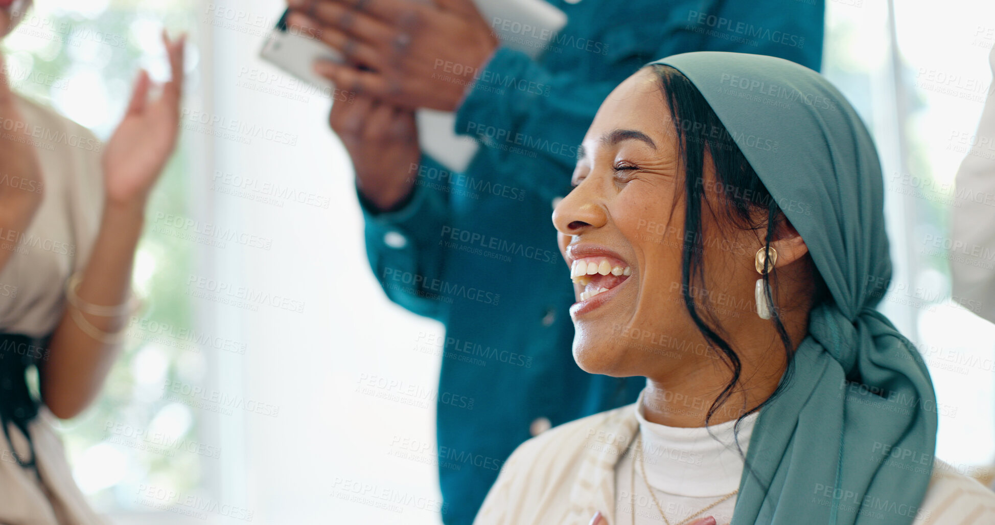 Buy stock photo Success, applause and woman with feedback in office at startup business with proud team. Congratulations, cheering and support for winner target achievement with employees clapping hands at desk.