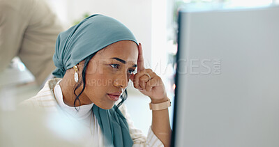 Buy stock photo Headache, stress and muslim business woman in office with feedback, review or problem. Anxiety, face and female manager frustrated by glitch, 404 or schedule disaster, mistake or tax audit crisis

