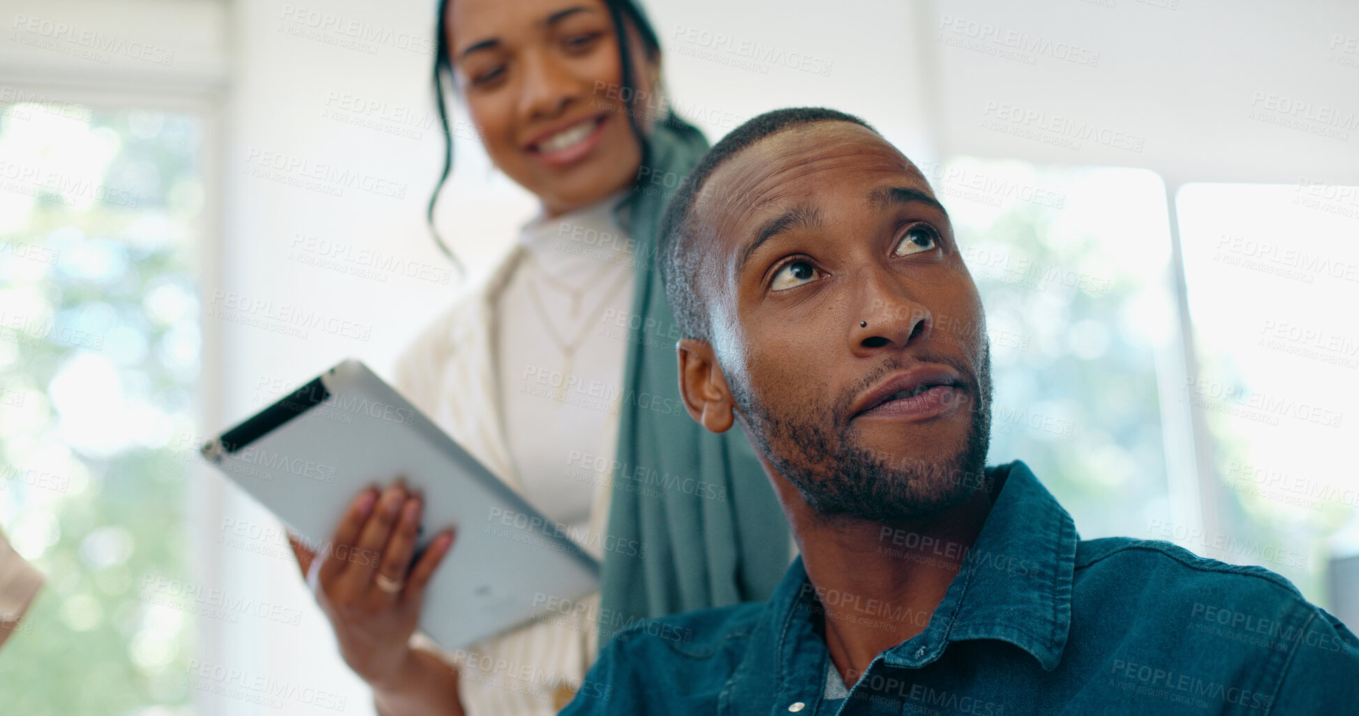 Buy stock photo Face, meeting and a business black man in the boardroom with his team for planning or a strategy workshop. Coaching, training or seminar with a young employee listening to a colleague in the office