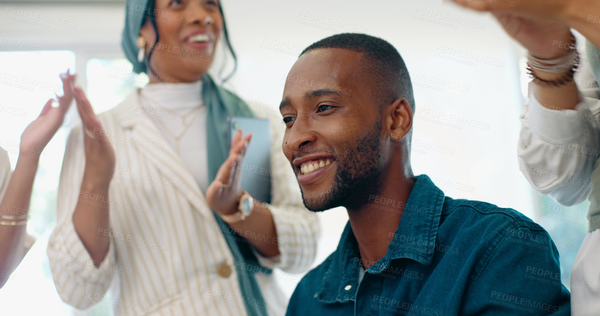 Buy stock photo Business people, team applause and black man in office for support, solidarity and congratulations for success. Group, celebration and happy cheers for goals, achievement and promotion for employee